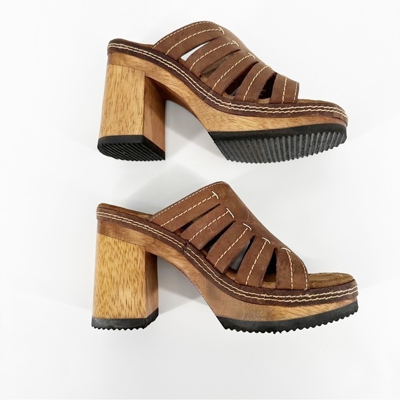 Vintage Candie’s Y2K Wood Heel Chunky Platform Brown Leather Sandals Size 8.5 - Picture 6 of 7
